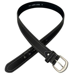 Men’s Black Leather Double Contrast Stitched Belt Silver Buckle Size 38